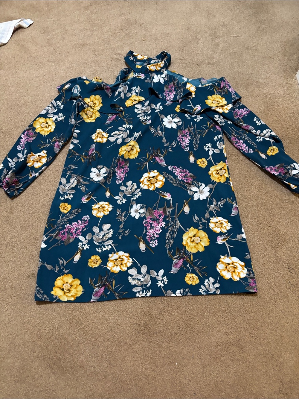 Le Lis Teal Floral Ruffle Neck Dress